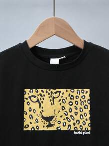 Animal Planet X SHEIN 年轻男孩动物世界豹纹图案酷炫休闲黑色长袖 T 恤