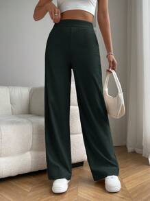 SHEIN EZwear 1 件女式纯色高腰口袋直筒宽松休闲裤 - 墨綠色 - 查看 4
