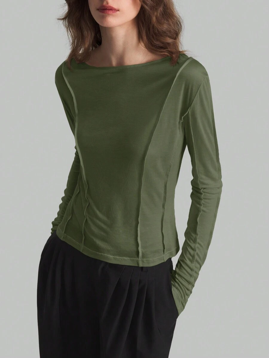 Ontre Women's Crew Neck Long Sleeve Cream Beige Casual Top, Autumn/Winter Back To School Basic Top - Army Green - View 1