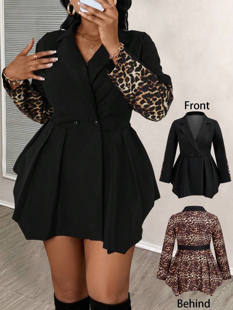 Maweii Plus Size Autumn Casual Leopard Print Patchwork Double-Breasted Jacket Fall Cloth For Women - Multicolor - View 1