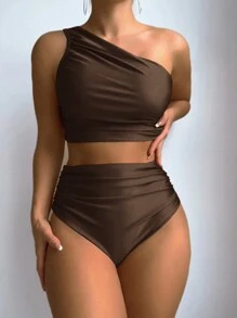 Swim Chiccia 2 chiếc/Bộ đồ bơi bikini đơn giản không tay lệch vai màu trơn cho nữ mùa hè - Cà phê nâu - Xem 3