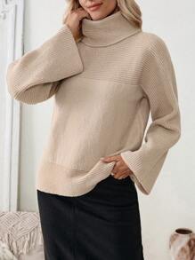 SHEIN LUNE Women Plain Turtleneck Long Sleeve Minimalist Sweater, Casual Everyday Wear Knit Pullover Fall Winter - Khaki - View 1