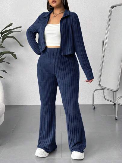 SHEIN EZwear Conjunto de 2 piezas informal de talla grande para mujer con chaqueta con cremallera de frente de canalé y pantalones, unicolor, para otoño