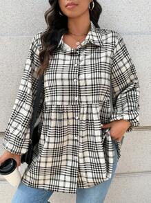 SHEIN LUNE 大码洋娃娃风格女式格子长袖休闲衬衫感恩节装扮节日装扮 - 彩色 - 查看 1