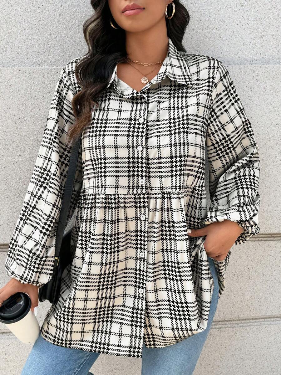 SHEIN LUNE 大码洋娃娃风格女式格子长袖休闲衬衫感恩节装扮节日装扮 - 彩色 - 查看 1