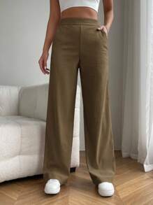 SHEIN EZwear Quần ống đứng đơn giản, họa tiết trơn, túi bên hông, mặc hàng ngày cho nữ - Màu nâu  Mocha - Xem 1