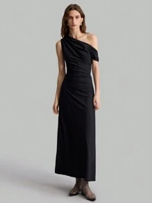 Ontre 2025 春季新款女士优雅不对称露肩长裙，适合派对穿着 - 黑色 - 查看 5