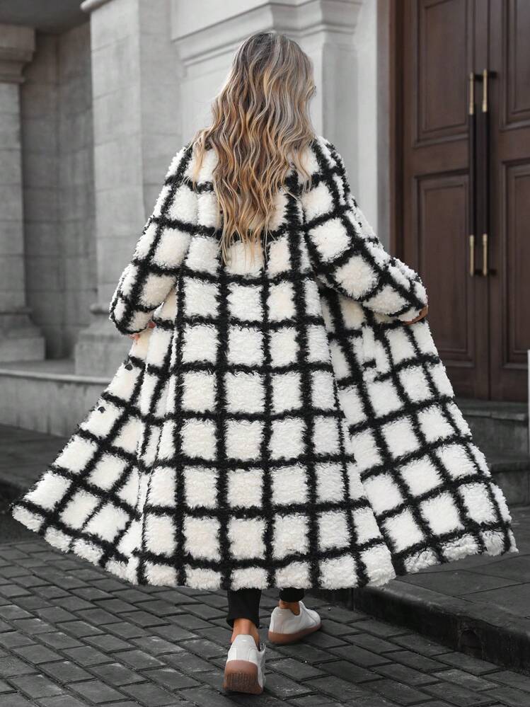 SHEIN LUNE Women Cocoon Collar Long Plush Checkered Coat, Black