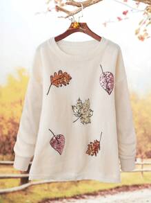 SHEIN LUNE Áo len dệt kim cổ tròn thêu họa tiết lá phong tay dài thanh lịch cỡ lớn cho nữ, màu trơn, mùa thu/đông - Màu be - Xem 3