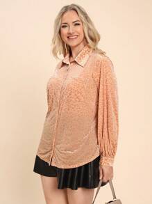 SHEIN LUNE Plus Size Women Leopard Print Long Sleeve Single-Breasted Pocket Casual Shirt, Autumn Plus Size Fall Clothes - Camel - View 5