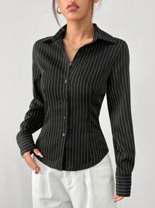SHEIN EZwear 女士黑白条纹编织衬衫，适合休闲通勤、秋季、长袖上衣 - 黑色 - 查看 3