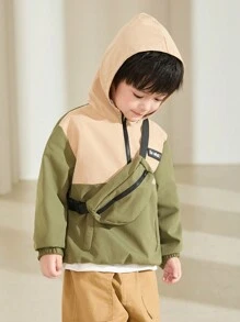 SHEIN 2pcs Young Boy Casual College Style Contrast Color Spliced With Accessories, Outdoorsy Tool Bag, Half-Open Zipper Hooded Jacket And Pants Suit, Suitable For Outdoor Activities, School Or Gathering, Autumn/Winter - Army Green - View 8