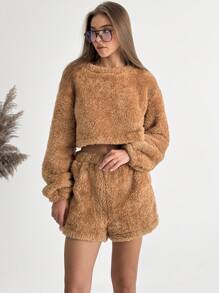Aloruh Bộ 2 áo nỉ và quần short nữ trang phục ấm áp cơ bản, mùa thu/đông - Màu Khaki - Xem 6