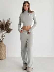 Aloruh New 2pcs Set High Neck Sweater Top With 3D Flower Decor And Straight Leg Pants, Versatile Fall/Winter Outfit - Grey - View 6