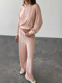 Aloruh Set de 2 piezas con conjunto casual de rayas azules y blancas para ir y venir, incluye top corto con capucha de manga larga holgada y pantalones maxi de cintura elástica
