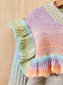 Tween 女童渐变彩虹荷叶边圆领长袖套头衫，常规款式，适合日常、外出、秋冬、活动 - 彩色 - 查看 4