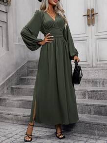 SHEIN PETITE Đầm dài tay dài tay bồng nhún bèo kiểu Pháp thanh lịch giản dị cho nữ, màu trơn, tay bồng, thắt eo, xẻ tà sau, viền cao thấp, thích hợp cho trang phục Maxi mùa xuân, thu và đông cho nữ - màu xanh lá - Xem 7