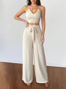 SHEIN PETITE 性感露背褶皱细肩带高腰直筒连体裤 - 咖啡棕 - 查看 5