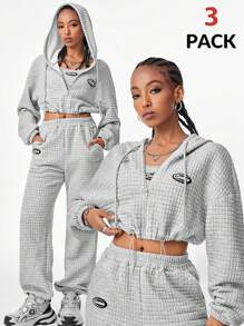 Muchica 3pcs Women's Fall And Winter Y2K Homecoming Hip-Hop Rapper Athleisure Streetwear Casual Back To School Athleisure Sportswear Waffle Knit Textured Keep Warm Stretchy Thermal Grey Cropped Tank Top&Sweatshirt&Sweatpant Hoodies Set For Holiday And New Year Eve