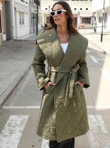 EMERY ROSE 复古优雅转绗缝领长袖女式绗缝加厚保暖聚酯纤维合成保暖冬季外套冬季夹克，中长款加厚棉服冬装 - 軍綠色 - 查看 5