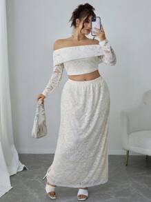 Flirla 2pcs/Set Plus Size Elegant Off Shoulder Cropped Top And Skirt, Autumn - White - View 3