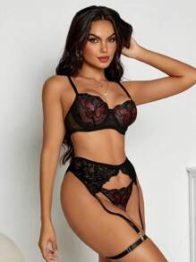 5pcs/Set Women Sexy Lace Bra + G-String + Leg Ring + Garter Belt Lingerie Set With Underwire - Multicolor - View 4