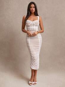 SHEIN BAE 母亲节女士夏装，紧身胸衣白色网眼连衣裙，褶皱，仿透视肉色长裙，女士优雅，性感露背，褶皱，拉链无袖吊带修身长款白色纯色吊带女式长裙，春夏，休闲日常穿着 - 白色 - 查看 5