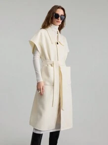 Ontre 1pc High Quality Double-Faced Blanket Coat, Beige, Wide Lapel, Belted Waist With Pockets, Elegant Christmas Style, Autumn/Winter - Apricot - View 1