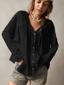 Bohemela 大码女式纯色前扣休闲黑色衬衫 - 黑色 - 查看 4