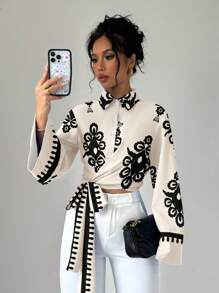 Elenzga 女士花卉印花喇叭袖衬衫 - 杏色 - 查看 1