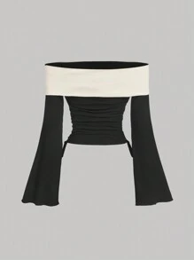 SHEIN MOD Camiseta de manga campana con cordón y hombros descubiertos en contraste, camiseta de otoño e invierno, camiseta, camiseta interior