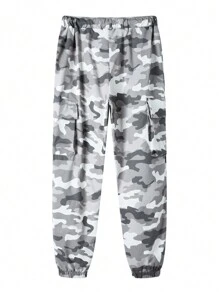 SHEIN 青少年男孩休閒迷彩風格灰口袋條紋束口長褲 - 彩色 - 查看 5