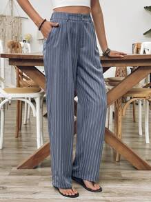 SHEIN VCAY Women Striped Pleated Pocket Straight Loose Casual Pants - Dark Grey - View 3