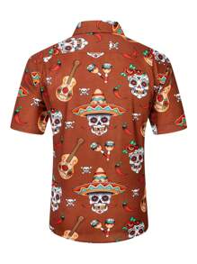 Manfinity EZcore Men's Summer Casual Halloween Print Shirt,Short Sleeved Shirt With Halloween Skeleton/Skull Pattern,Halloween Men Shirt,White Button Up Shirt - Multicolor - View 2