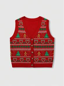 ROMWE Christmas Party Heart, Christmas Tree, Gingerbread Man Pattern Cardigan Sweater Vest For Women - Red - View 1