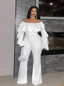 Slaydiva Bộ đồ liền thân bó sát tay dài hở vai màu trắng trơn thanh lịch & dự tiệc & ngày lễ & thu/đông cho nữ cỡ lớn - trắng - Xem 5