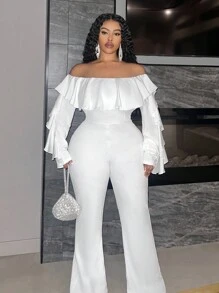 Slaydiva Bộ đồ liền thân bó sát tay dài hở vai màu trắng trơn thanh lịch & dự tiệc & ngày lễ & thu/đông cho nữ cỡ lớn - trắng - Xem 6