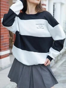 INAWLY 女款标语图案条纹拼色圆领长袖运动衫 - 黑與白 - 查看 4