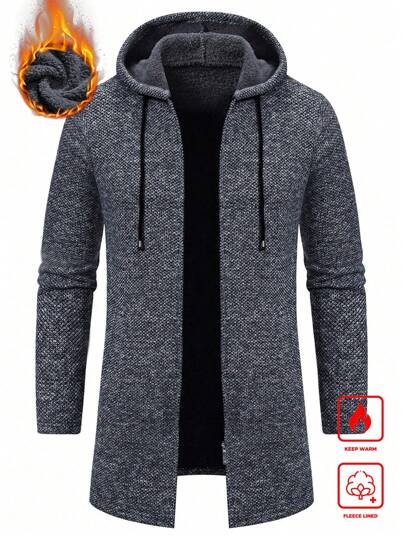 Manfinity Homme Cardigan tricoté gris à capuche mi-long pour homme grande taille, chaud avec doublure thermique, automne/hiver