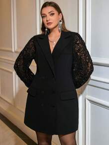 SHEIN Privé Plus Size Women Solid Color Lace Patchwork Double-Breasted Long Sleeve Blazer - Black - View 5