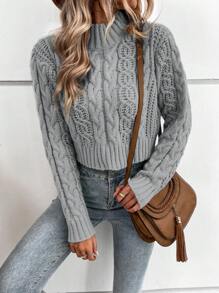 Calvaya Women Solid Stand Collar Long Sleeve Cropped Casual Pullover Sweater, Autumn/Winter