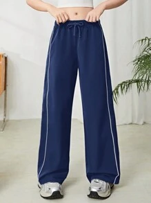 SHEIN Teen Girl's Contrast Trim Drawstring Waist Wide Leg Cargo Pants, Casual Sports Wear