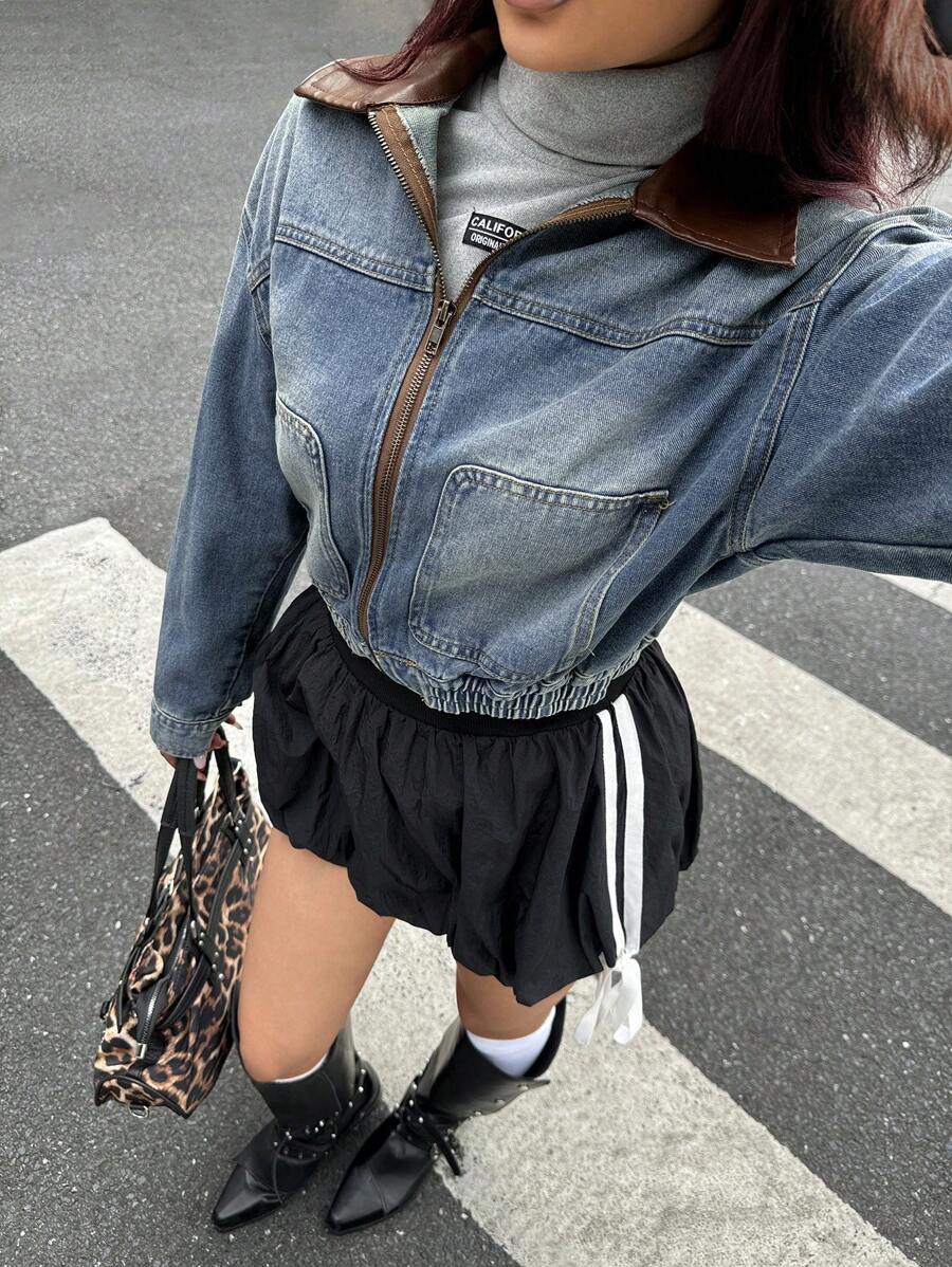 SHEIN EZwear Women's Casual Daily Wear Zip Up Leather Neck Long Sleeve Denim Jacket