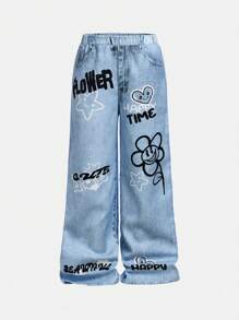 SHEIN Girlism 青少年女孩街头休闲不对称下摆 U 领长袖 T 恤和牛仔效果裤两件套 - 淺藍色 - 查看 4