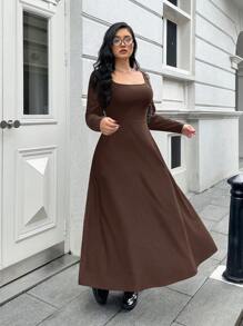 SHEIN EZwear 高弹力方领紧身上衣和喇叭中长连衣裙，大码，长袖 - 棕色 - 查看 1