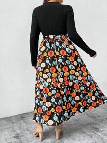 SHEIN Unity 大码长款花卉印花拼布连衣裙，优雅秋季 - 彩色 - 查看 2