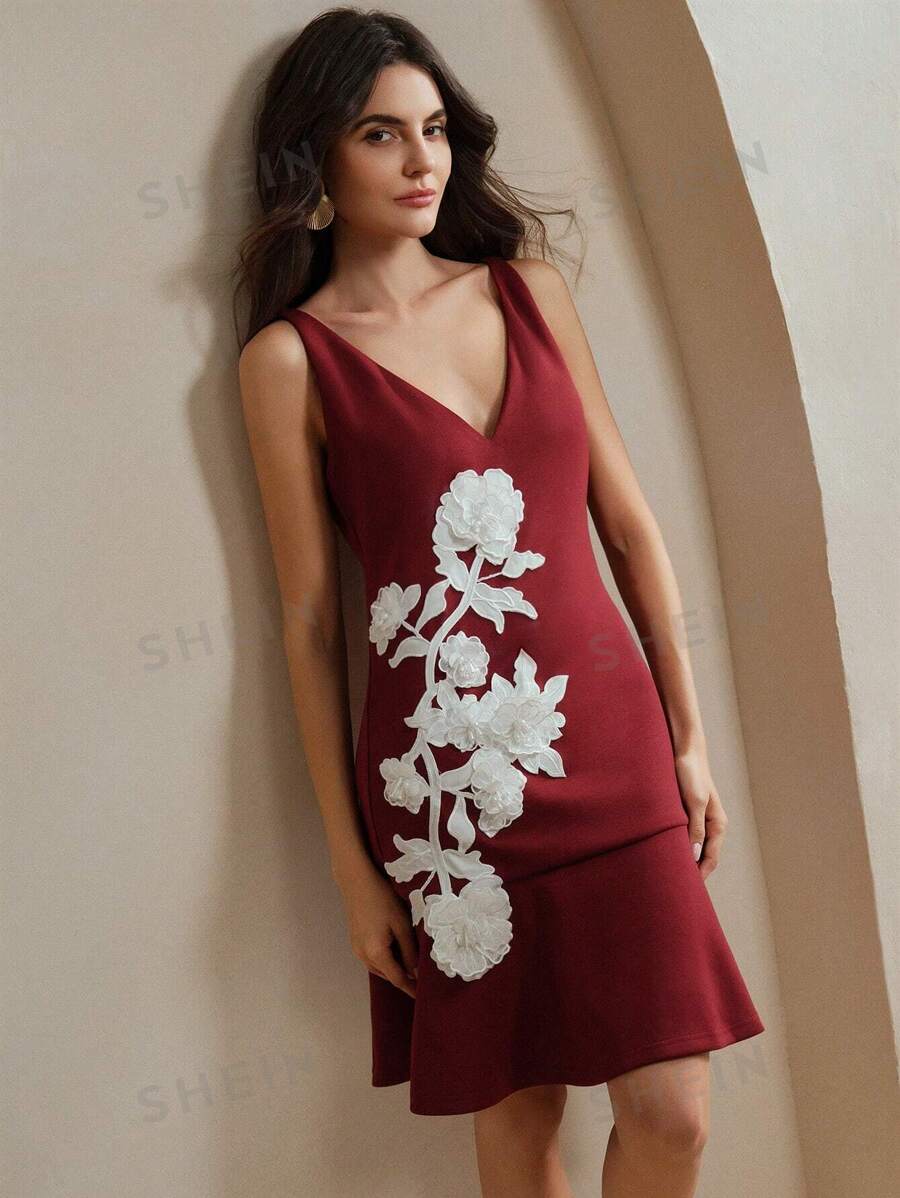Anewsta Vestido elegante color borgoña con escote en V, sin mangas y corte de sirena con detalles florales