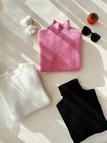 Chiquease 3件套女士基础款高领纯色长袖罗纹针织毛衣，休闲简约针织套头衫，秋冬季 - 彩色 - 查看 1