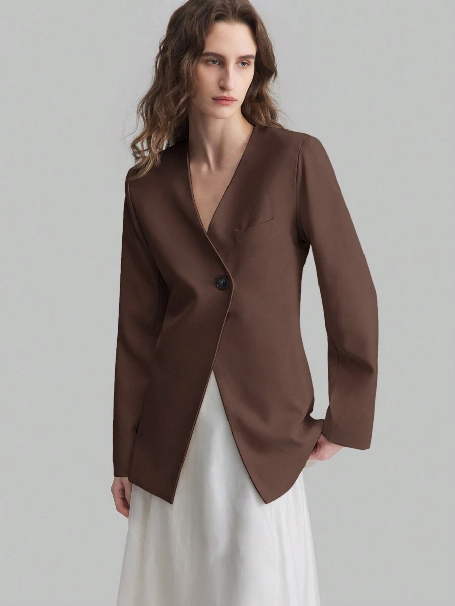 Ontre Black V-Neck Single-Breasted Fitted Blazer - Brown - View 1