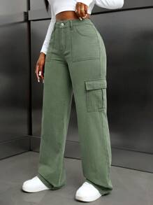 SHEIN Slayr Women's Solid Color Pocket Casual All-Match Straight Leg Jeans - Mint Green - View 4